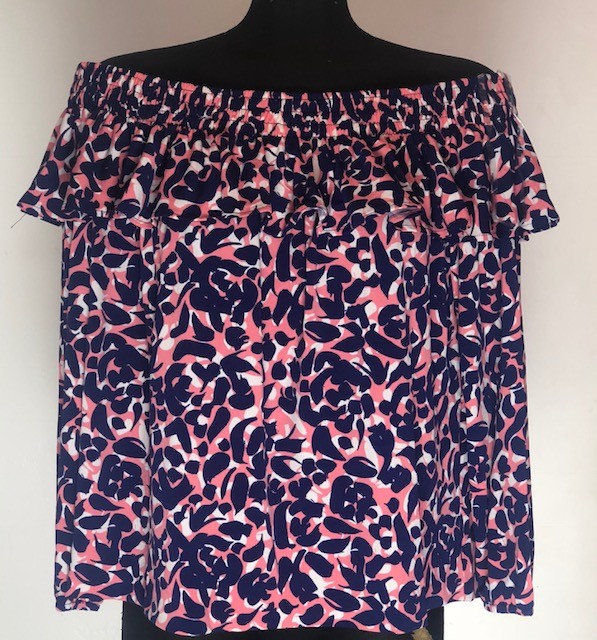 Leota Aurora Off the Shoulder Blouse Pink Blue White Peasant Top USA Large L