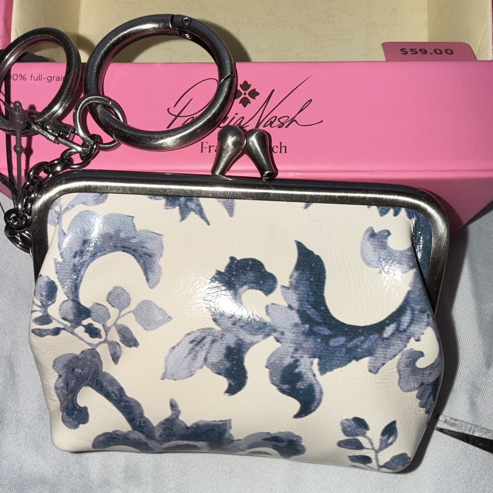 Patricia Nash Women’s Floral Coin Wallet Blue & White Frame Kiss Lock Pouch