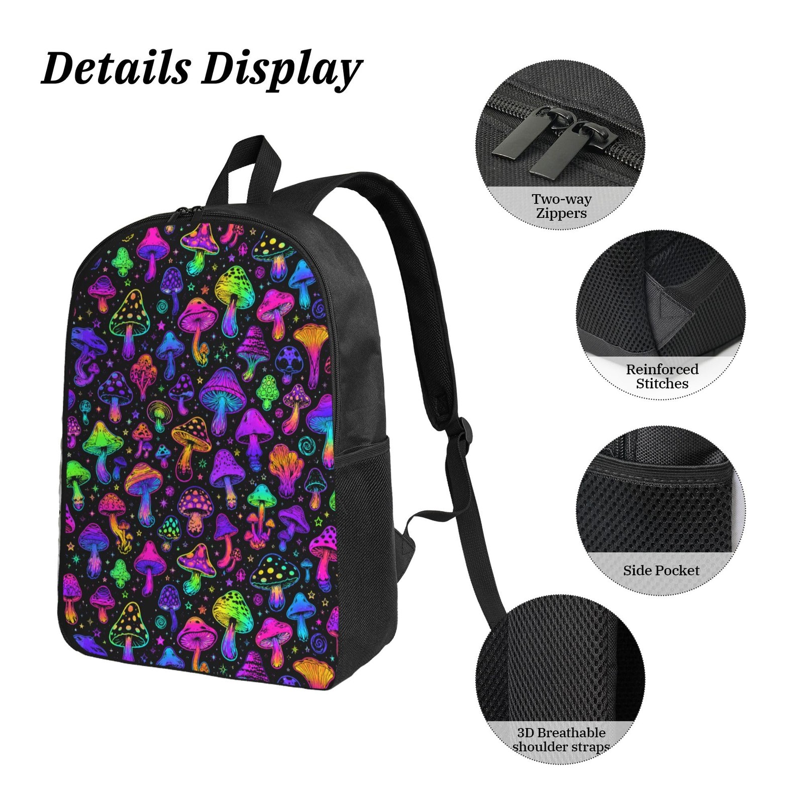 Mushroom School Backpack 12.6″L X 17″H X 5.1″D – 3-in-1 Set with Lunch Box