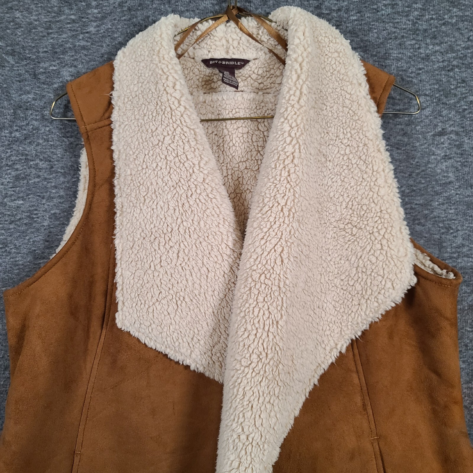 Bit & Bridle Women’s Medium Brown Faux Suede Shawl Collar Vest Faux Fur Lining