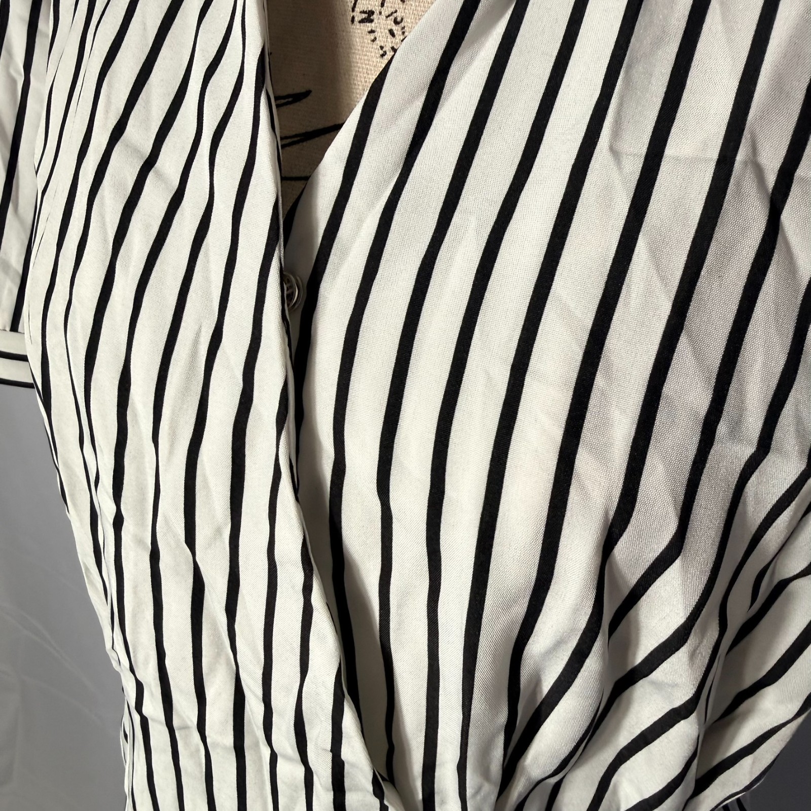 SHEIN LRG White Black Striped Blouse Asymmetrical Button Snap Collar Career Top