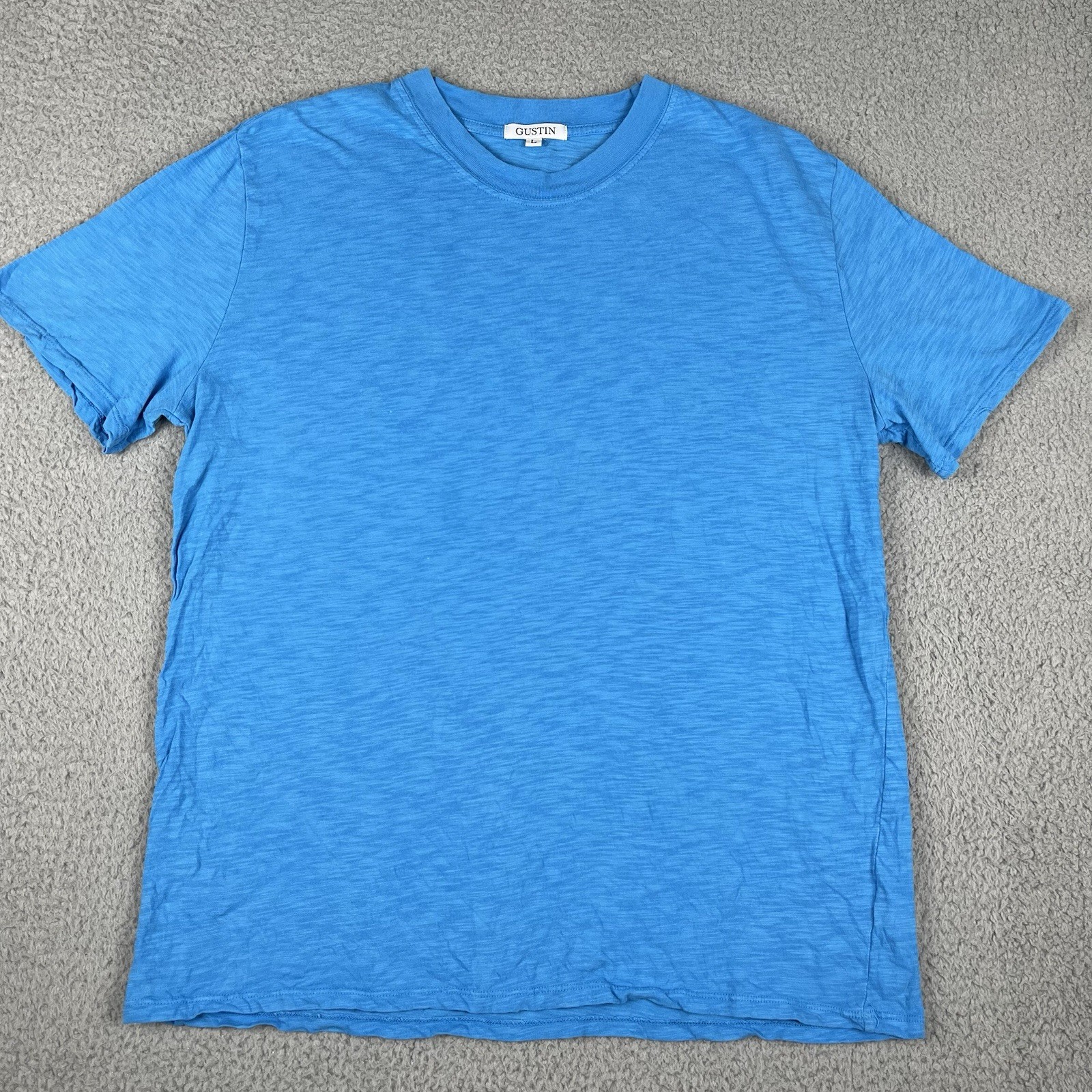 Gustin Shirt Mens Large Blue USA Made Short Sleeve Crew Neck Lightweight Casual