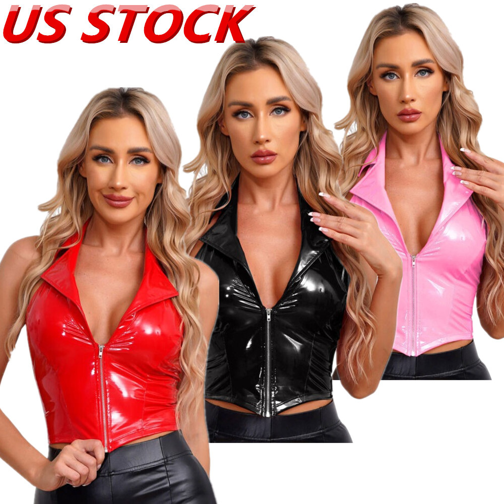 US Women’s Backless PVC Leather Crop Top Wet Look Vest Clubwear Party Clothes