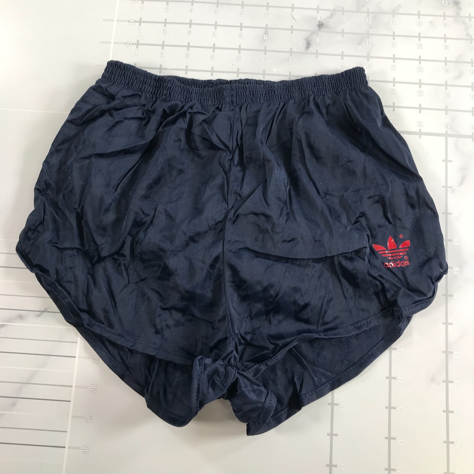 Vintage Adidas Running Shorts Mens S 28-30 Navy Blue Shimmery Striped Red Logo