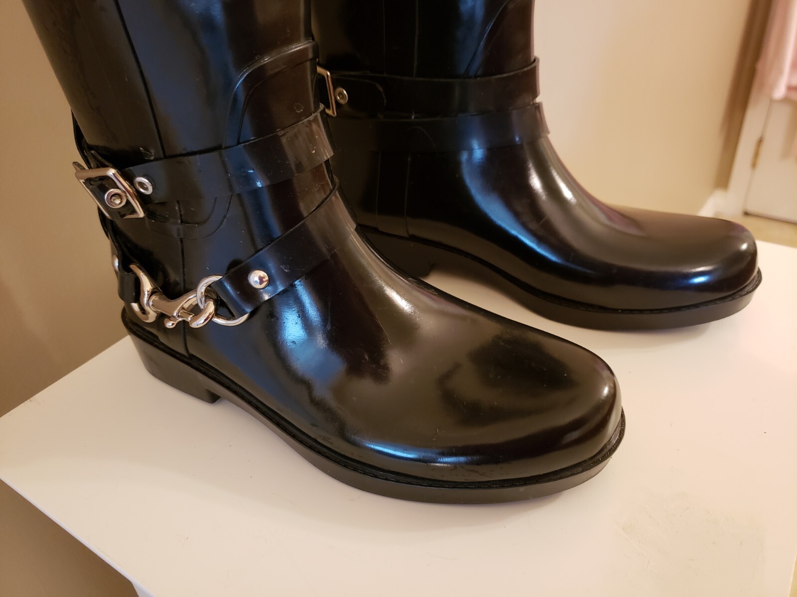 🖤COACH 🖤LORI🖤 BLACK Tall Rubber Rain Boots, Size 5, Pull On, Silver Buckle