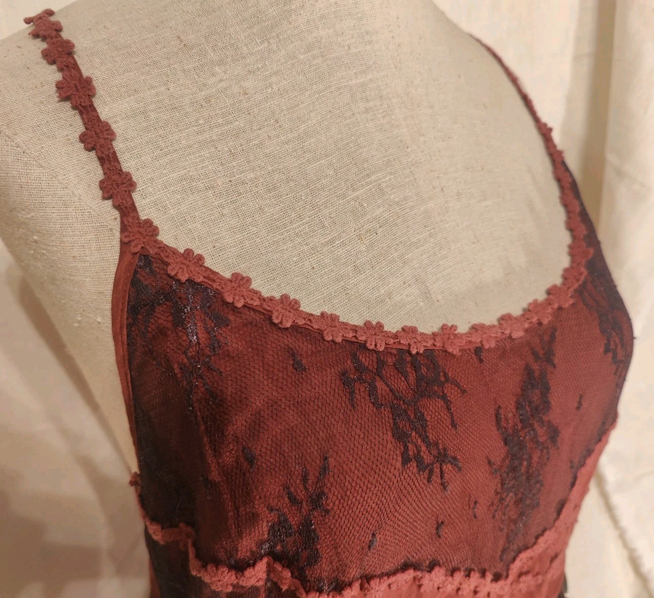 Deadstock NWT Free People Intimately Pieced Lace Slip Mini Dress Cayenne M Rare