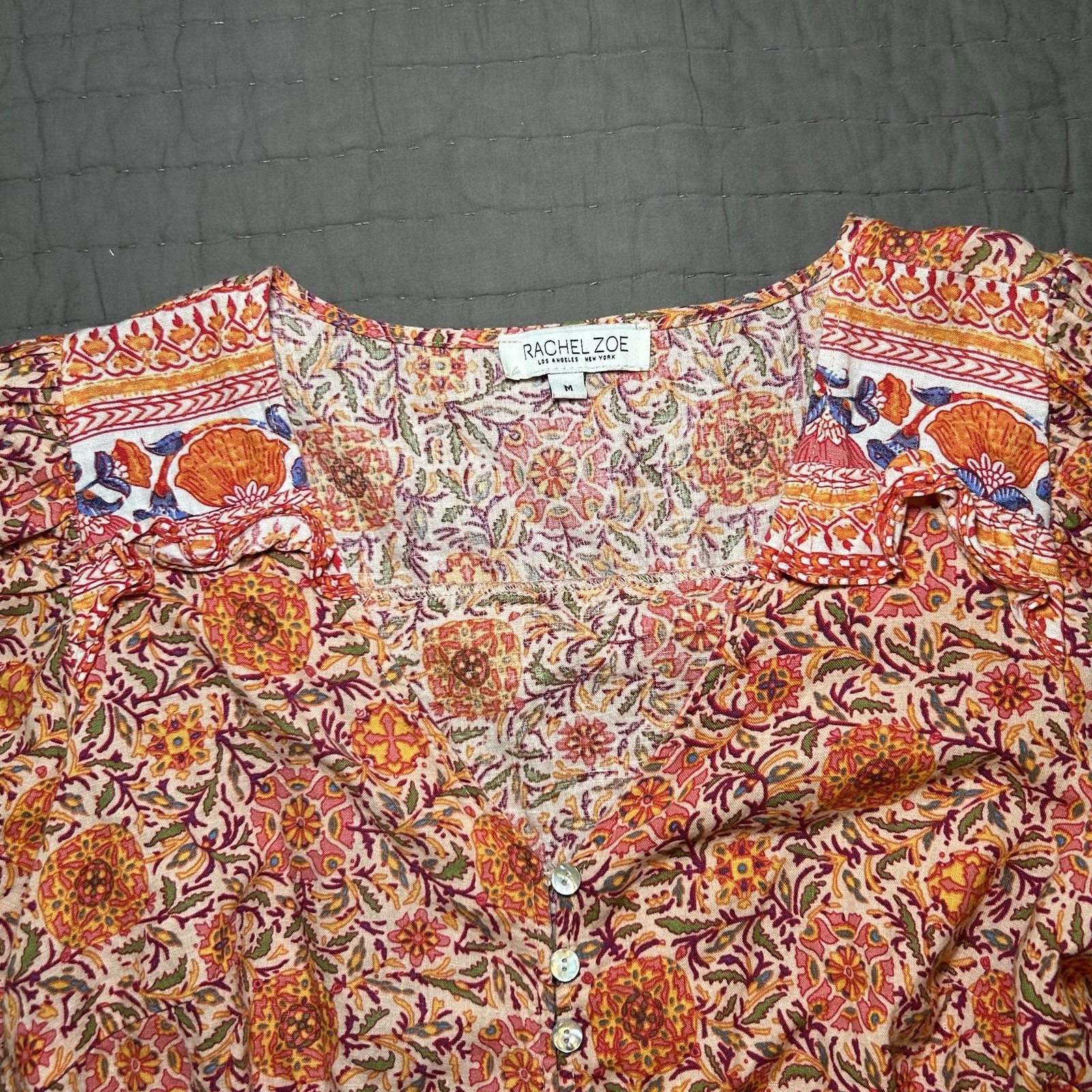 Rachel Zoe Linen Blend Blouse M Medium Tropical Floral Tie Front Vacation Beachy