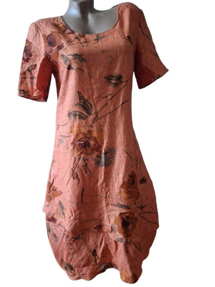 PIZZICO Made in Italy 100% Linen Dress Floral Terracotta Lagenlook Art To Wear