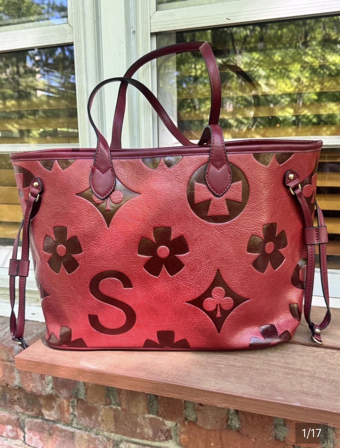 Red embossed floral vegan leather tote w/ CB Strap & Zip Pouch