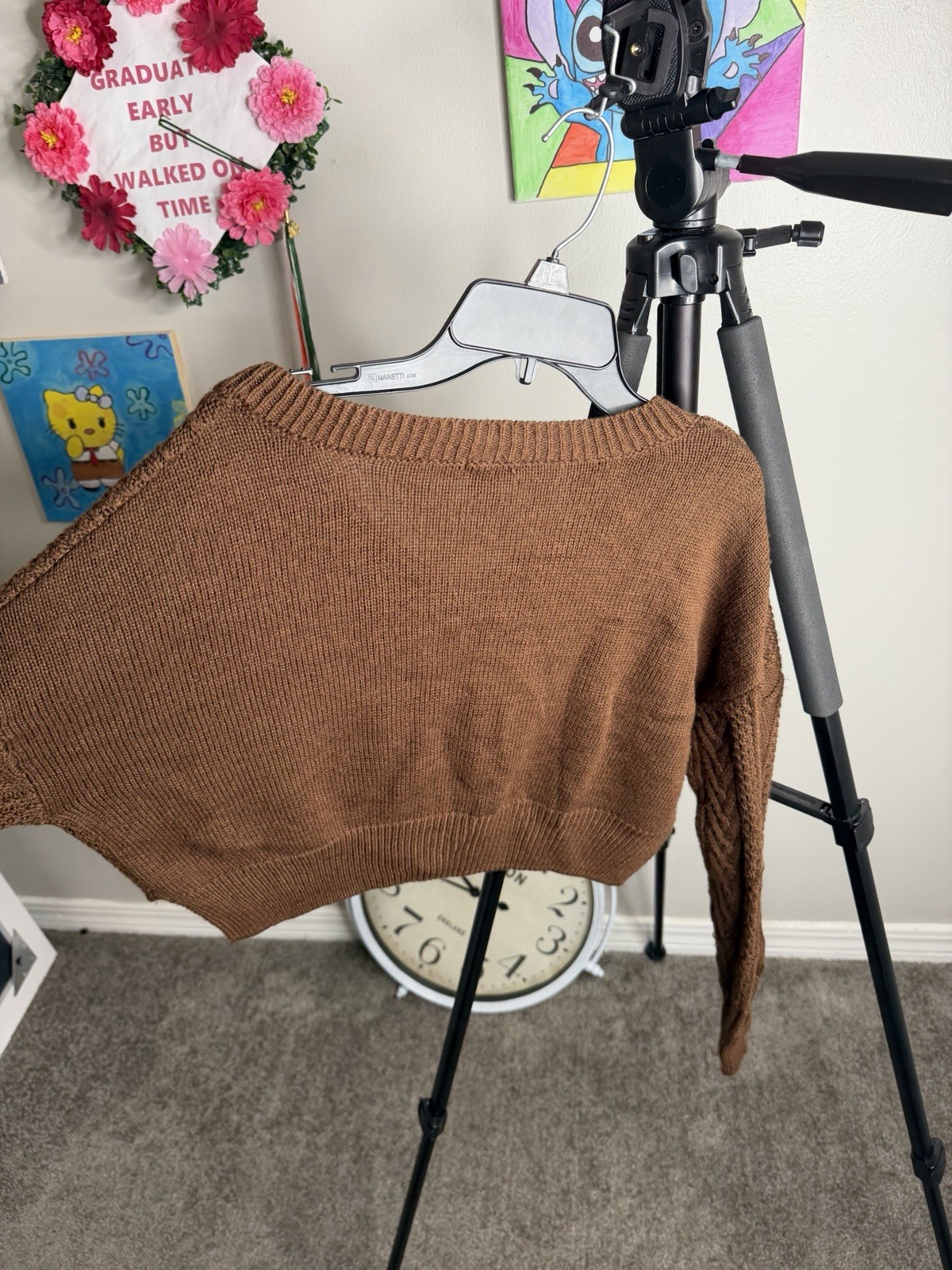rue21 Brown Cable-Knit V-Neck Cropped Pullover Sweater Long Sleeve M