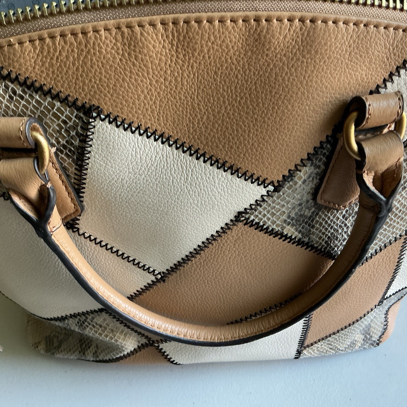 NWT Aimee Kestenberg Cream Tan Snake-Print Stitching Convertible Satchel MNF$248