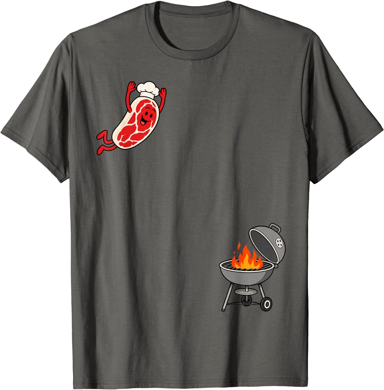 Funny Chef Steak Jumping Into BBQ Grill Cartoon T-Shirt