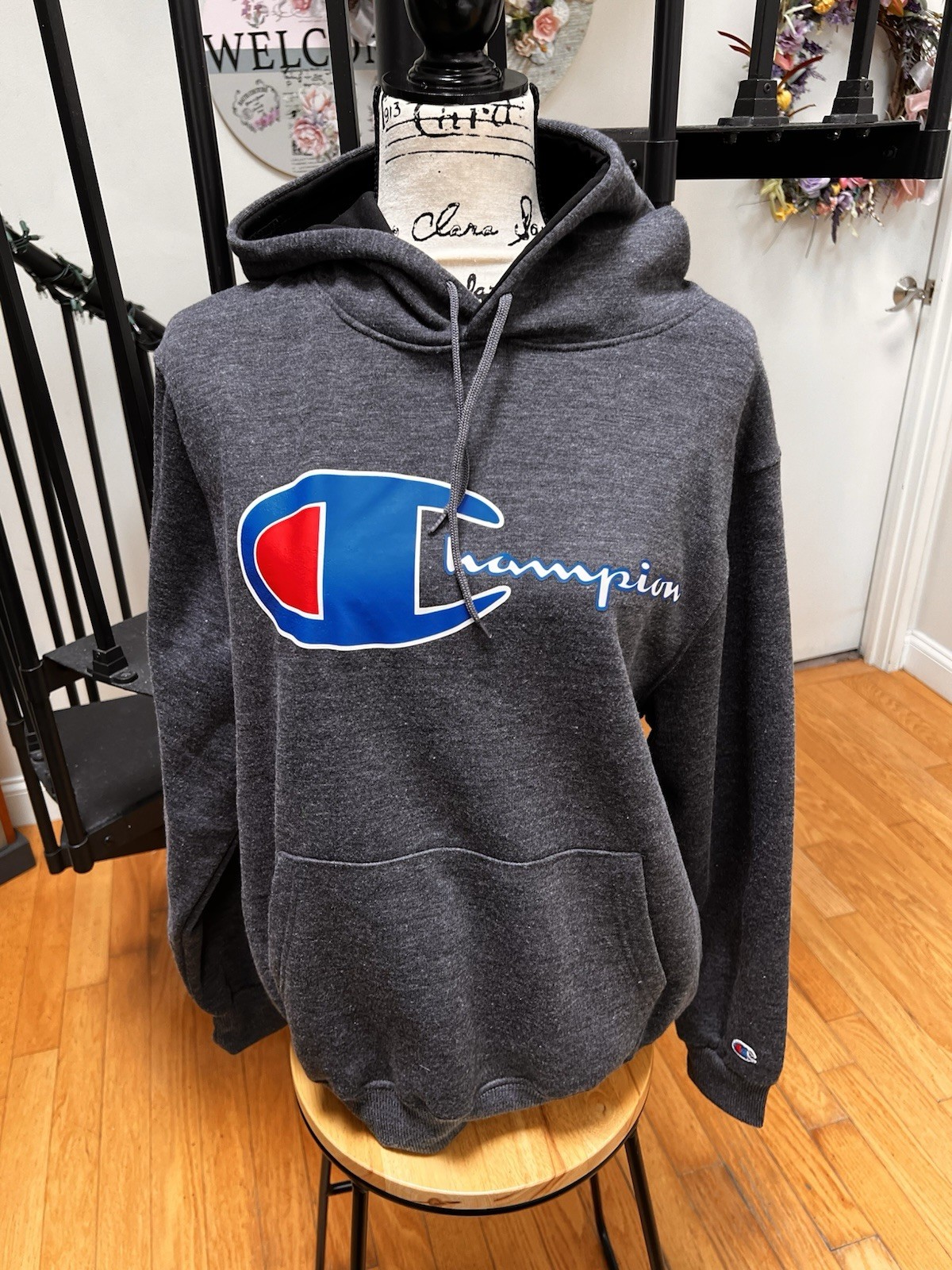 Champion Men’s Fleece PowerBlend Logo Pullover Hoodie – Granite, Medium
