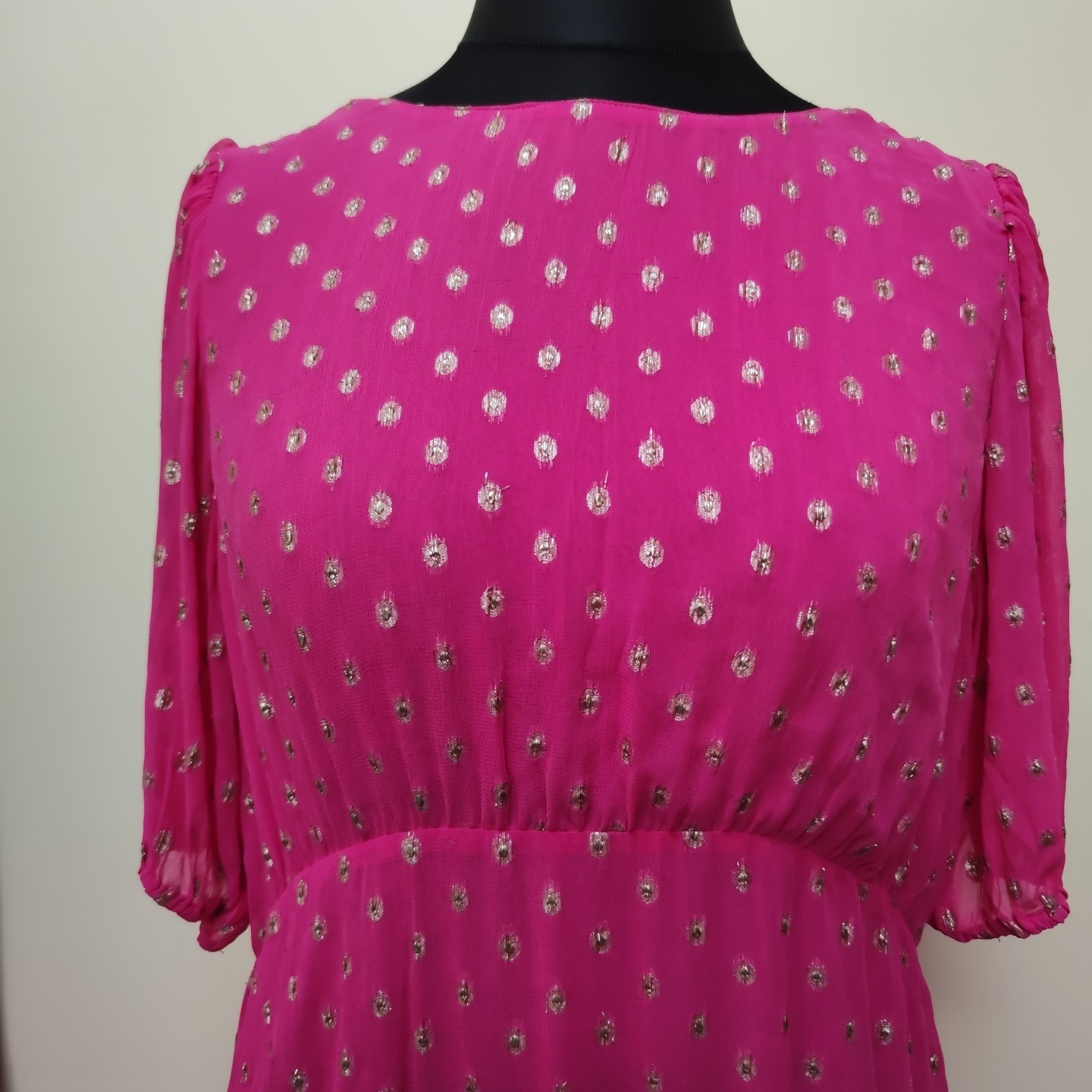 Rixo Pink Gold Dot Midi Dress XXL Size 18 Shireen Layers Sheer V-back Wedding