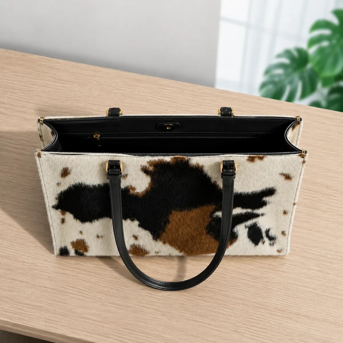 Handmade Natural Tricolor Black Brown & White Hair-On Cowhide Leather Bag
