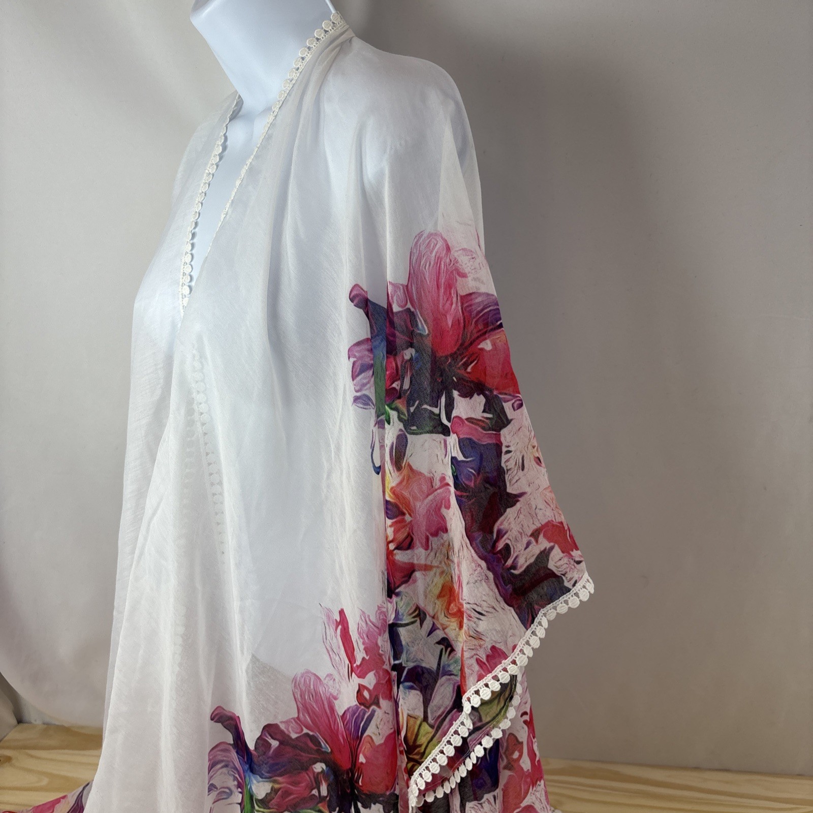 Womens Sheer Floral Kimono Cover Up White Watercolor Open Front Beach Swim OS