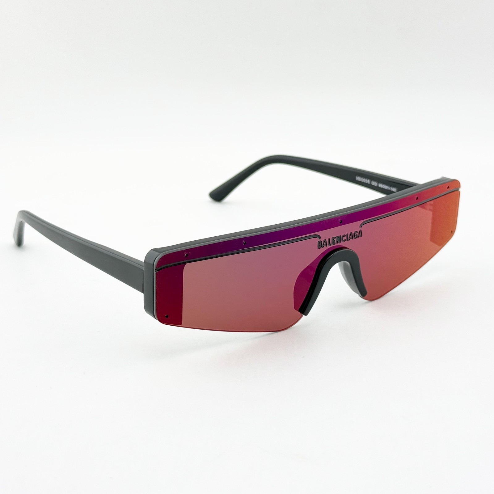 Balenciaga BB0003S Black Shield Sunglasses Purple Mirror Lens Unisex 99-1-140