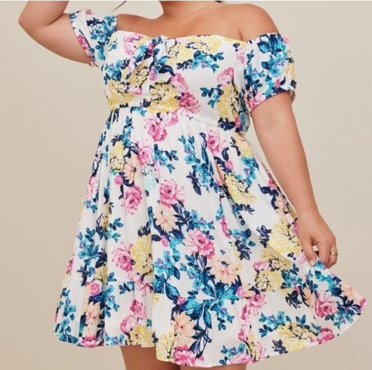 Torrid 00 White Multi Floral Mini Gauze Puff Sleeve Skater Dress NWT