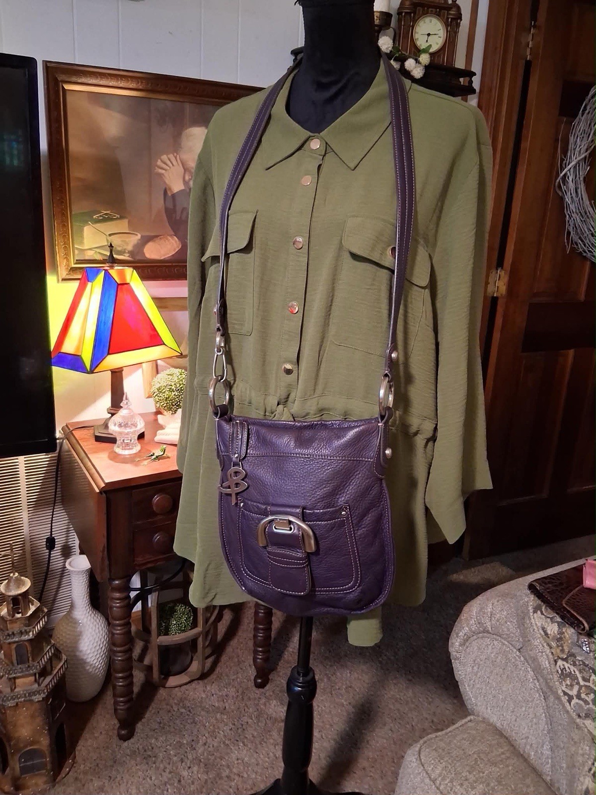 B. Makowsky Purple Soft Pebbled Leather Crossbody Animal Lining w Charm Silver