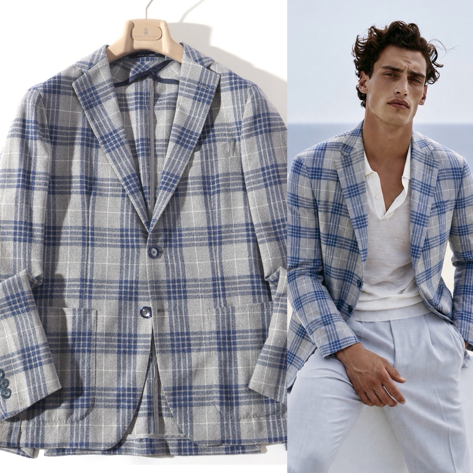 TAGLIATORE MONTECARLO 46 Silk Linen Hopsack Plaid Tailored Jacket Italy