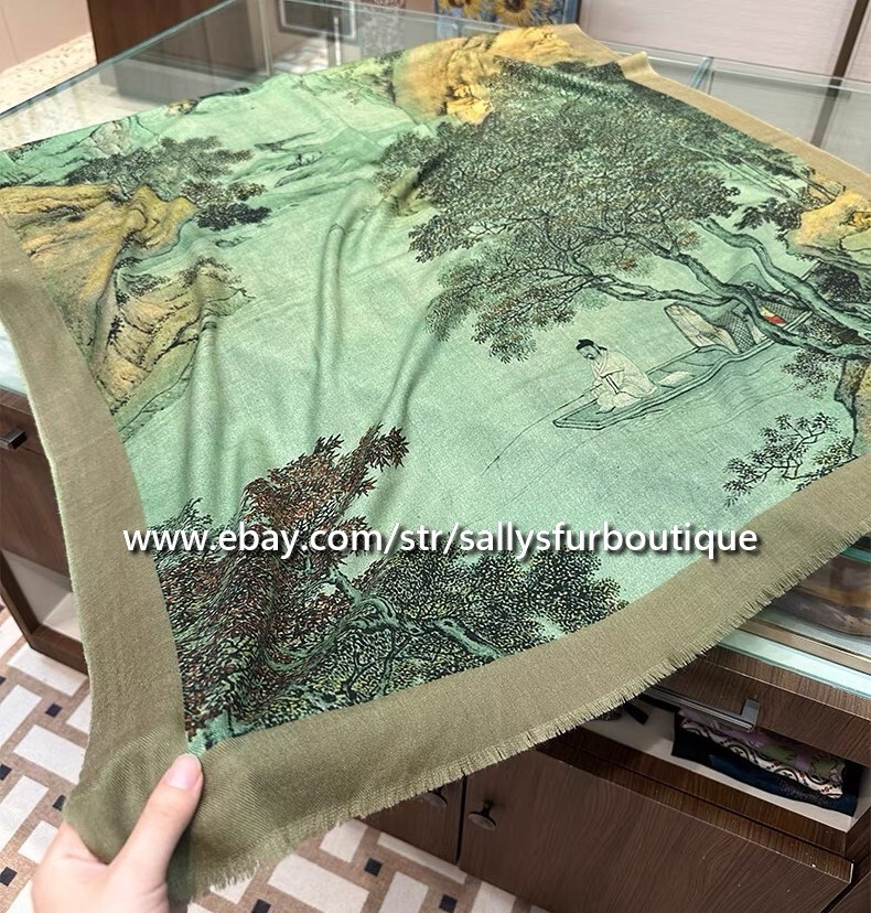 Pure Cashmere Ring Scarf Wrap Shawl Oriental Painting Thin Soft Delicate 78″*39″