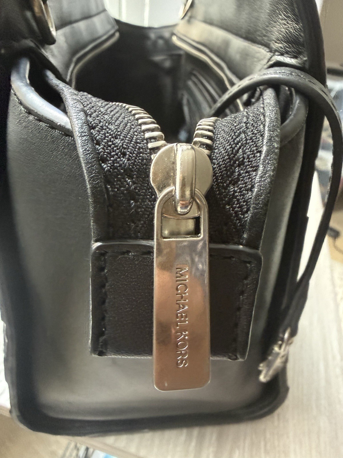 Michael Kors Selma Large Black Leather Grommet Studded Satchel Handbag Silver