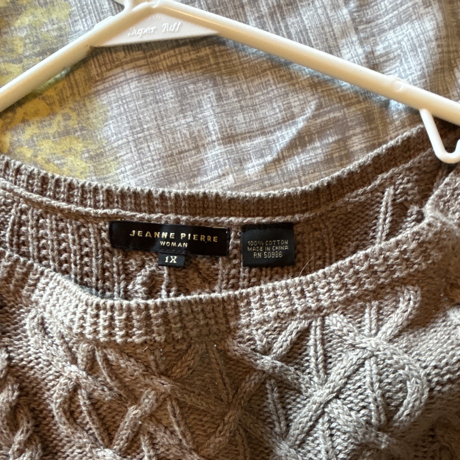 Jeanne Pierre Brown Cable-Knit Pullover Sweater 1X Plus Cotton Crew Neck