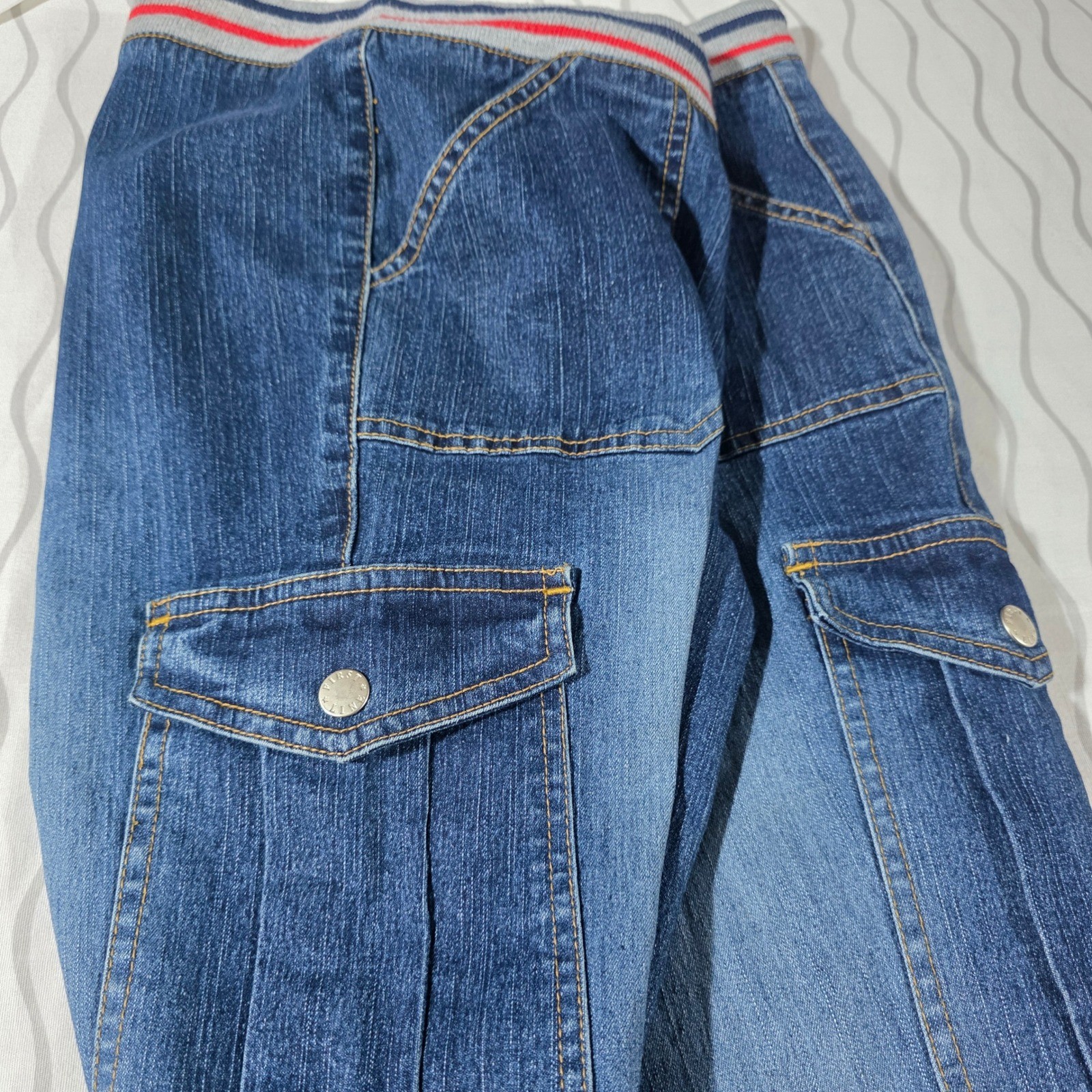 First Line Los Angeles Cargo Flare Jeans Dark Wash Knit Waist Size 15 Y2K Style