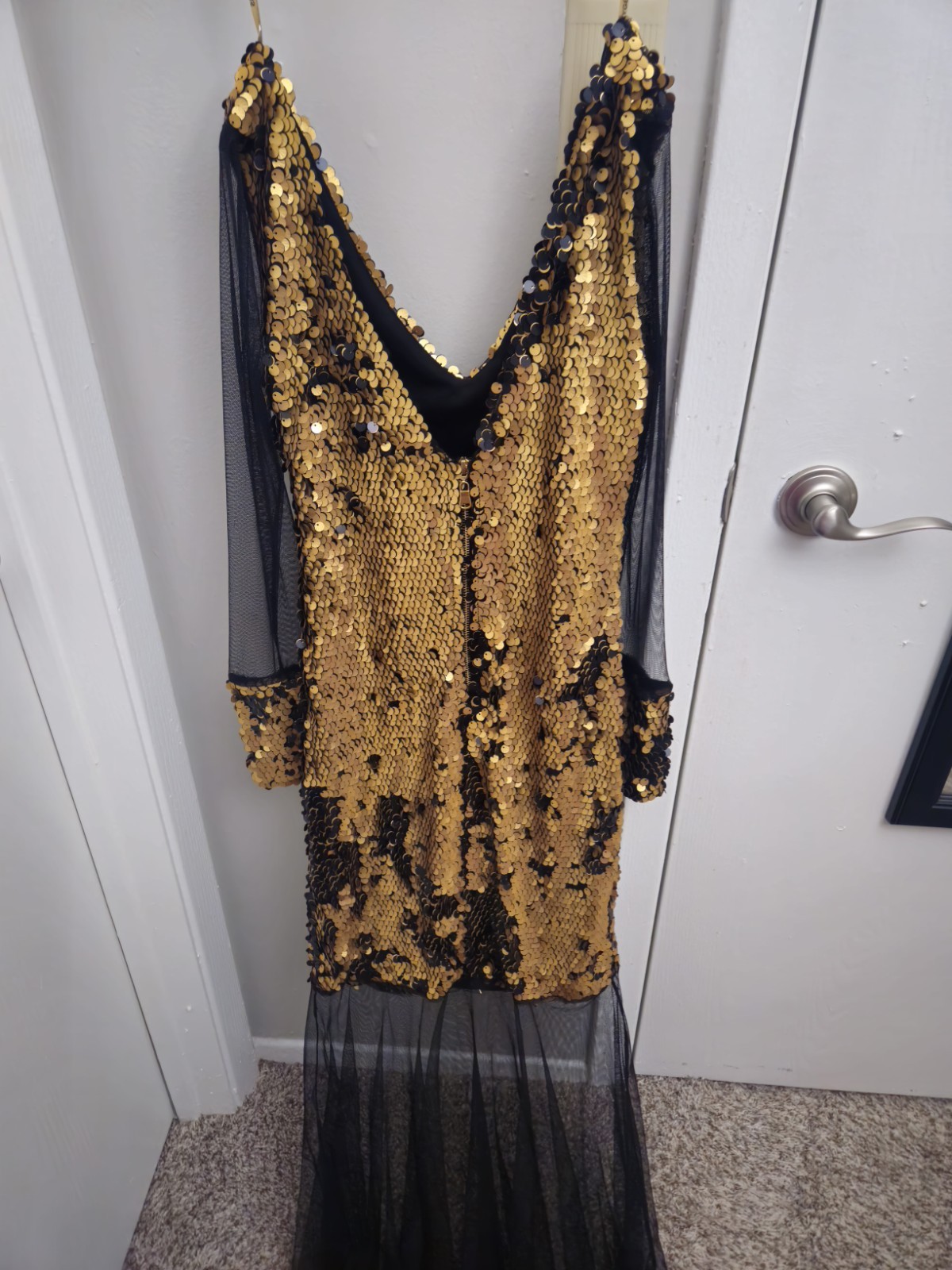 Luxury Gold Black Sequin Evening Gown Sheer Mesh Train Long Sleeve V Neck NWT EU