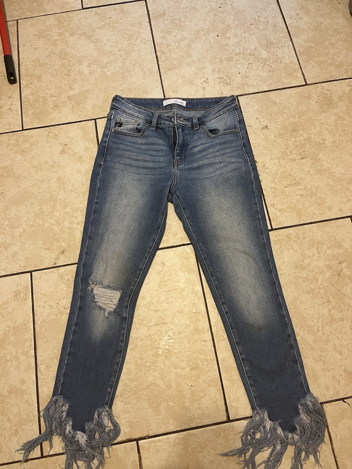 KanCan Blue Distressed Fringe Hem Skinny Stretch Jeans Mid Rise Size 7/27