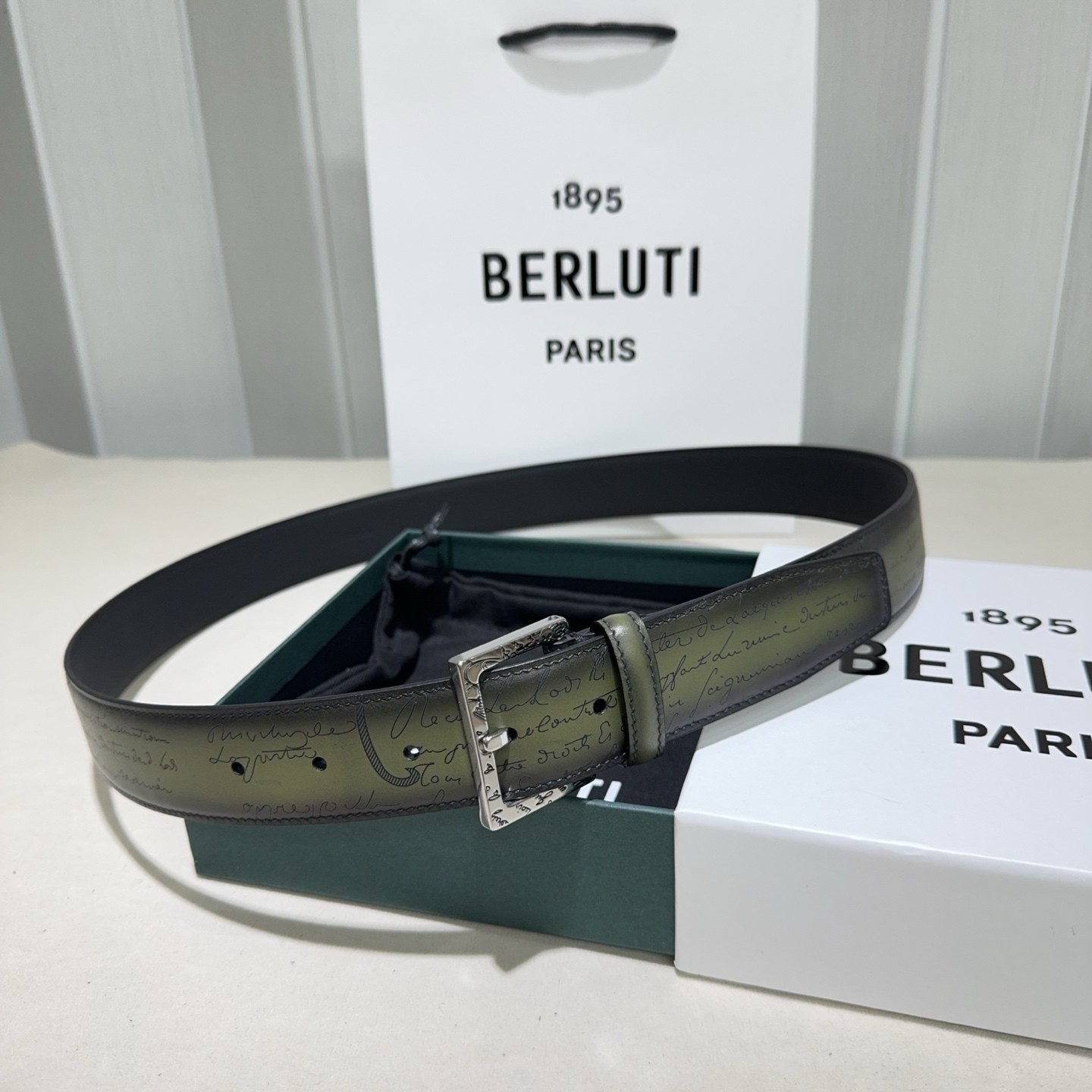Burruti Classic Scritto Calligraphy Leather Belt Width: 3.4cm Size: 105cm