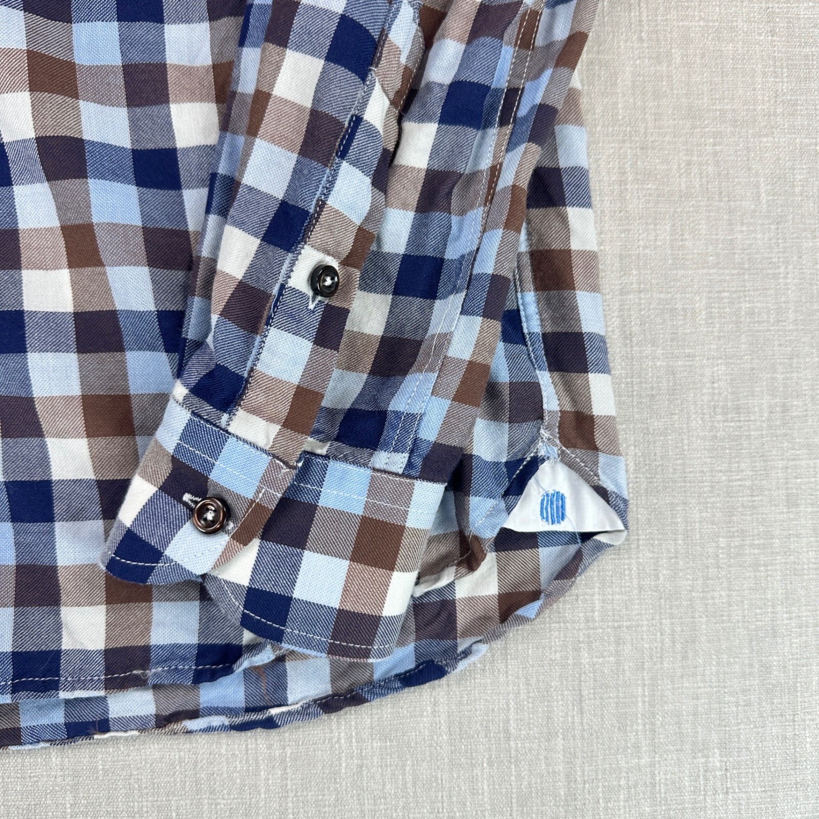 Haspel New Orleans Button Down Shirt Mens Small Blue Brown Gingham Plaid Cotton