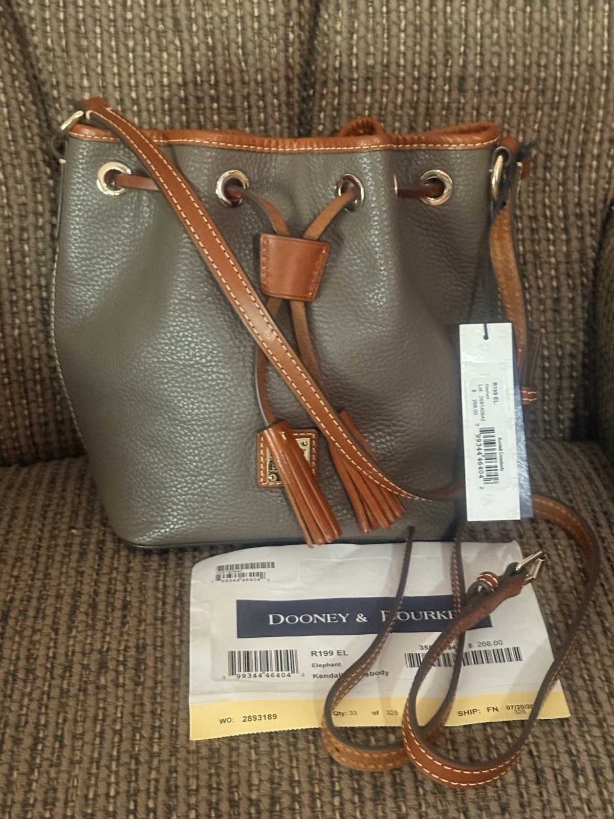 Dooney & Bourke Small Gray Brown Drawstring Bucket Bag, Detachable Strap