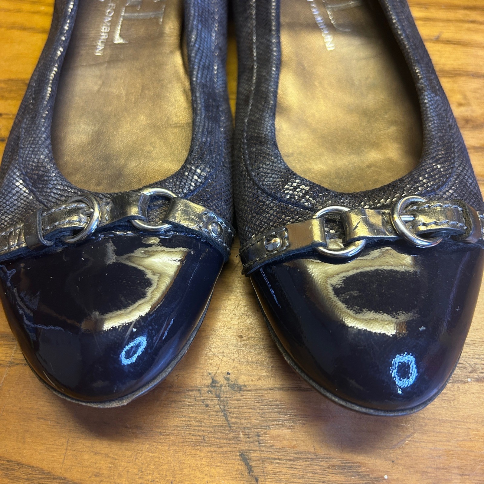 AGL Ballet Flats Womens 38 Navy Blue Leather pebble Snakeskin Patent Cap Toe Y2K