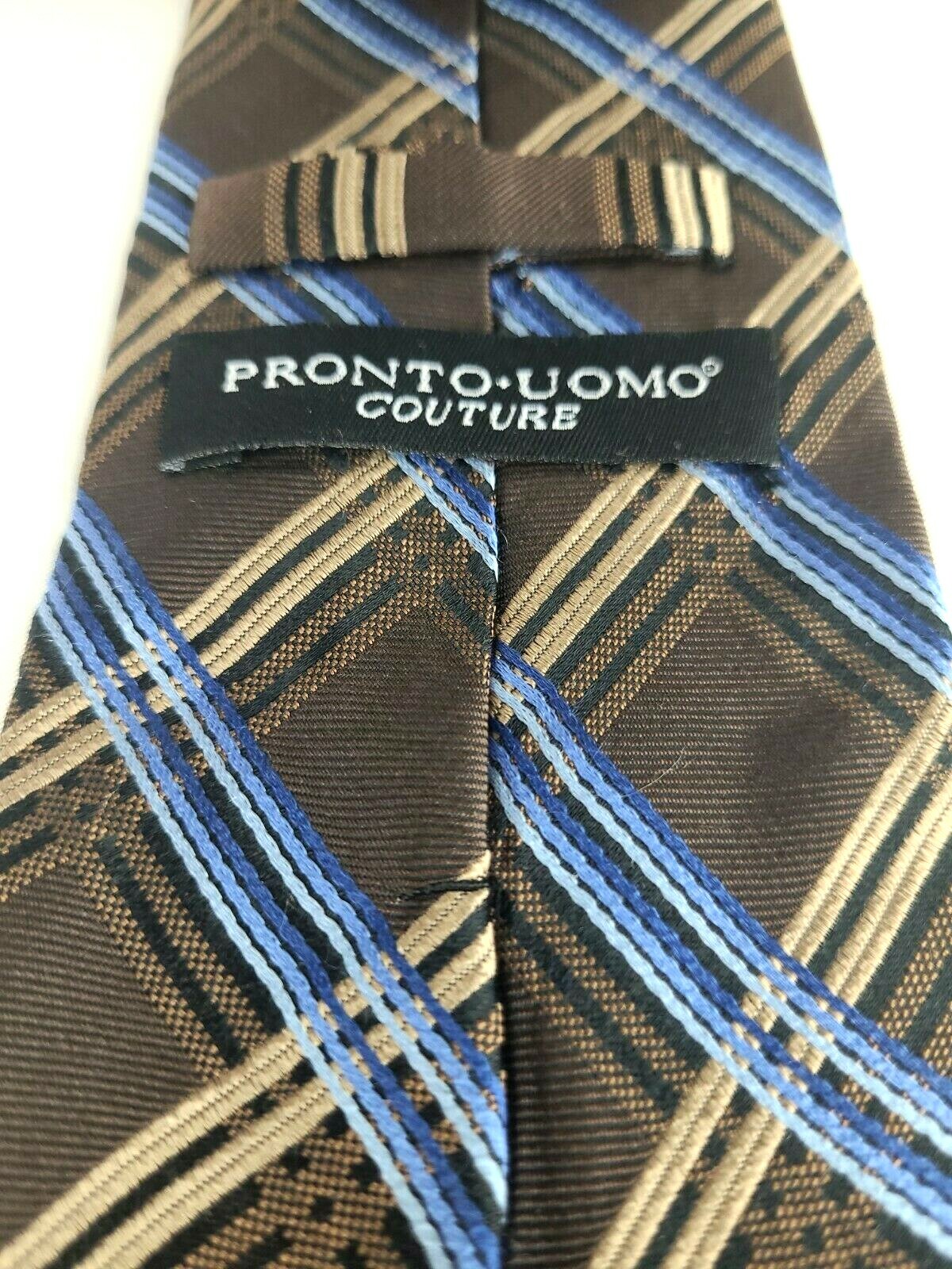PRONTO UOMO Couture Brown Blue Tan Geometric 100% Silk Necktie Tie 3 3/4″ X 60.5