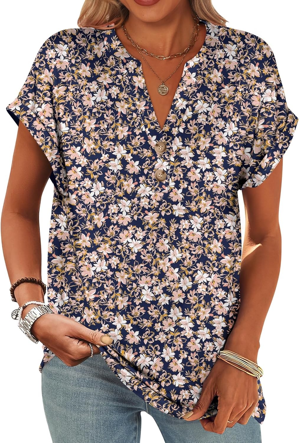Womens Henley V Neck Short Sleeve Loose Fit Casual Summer Tunic Blouse Top