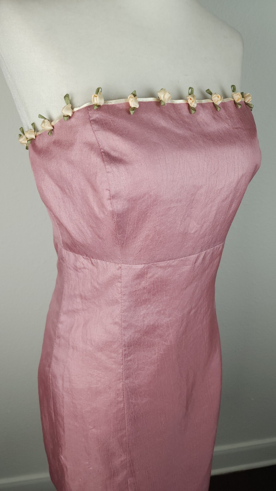 Vintage 90s Pink Silk Satin Rosebud Dress Strapless Ivory Ribbons Homemade ~M