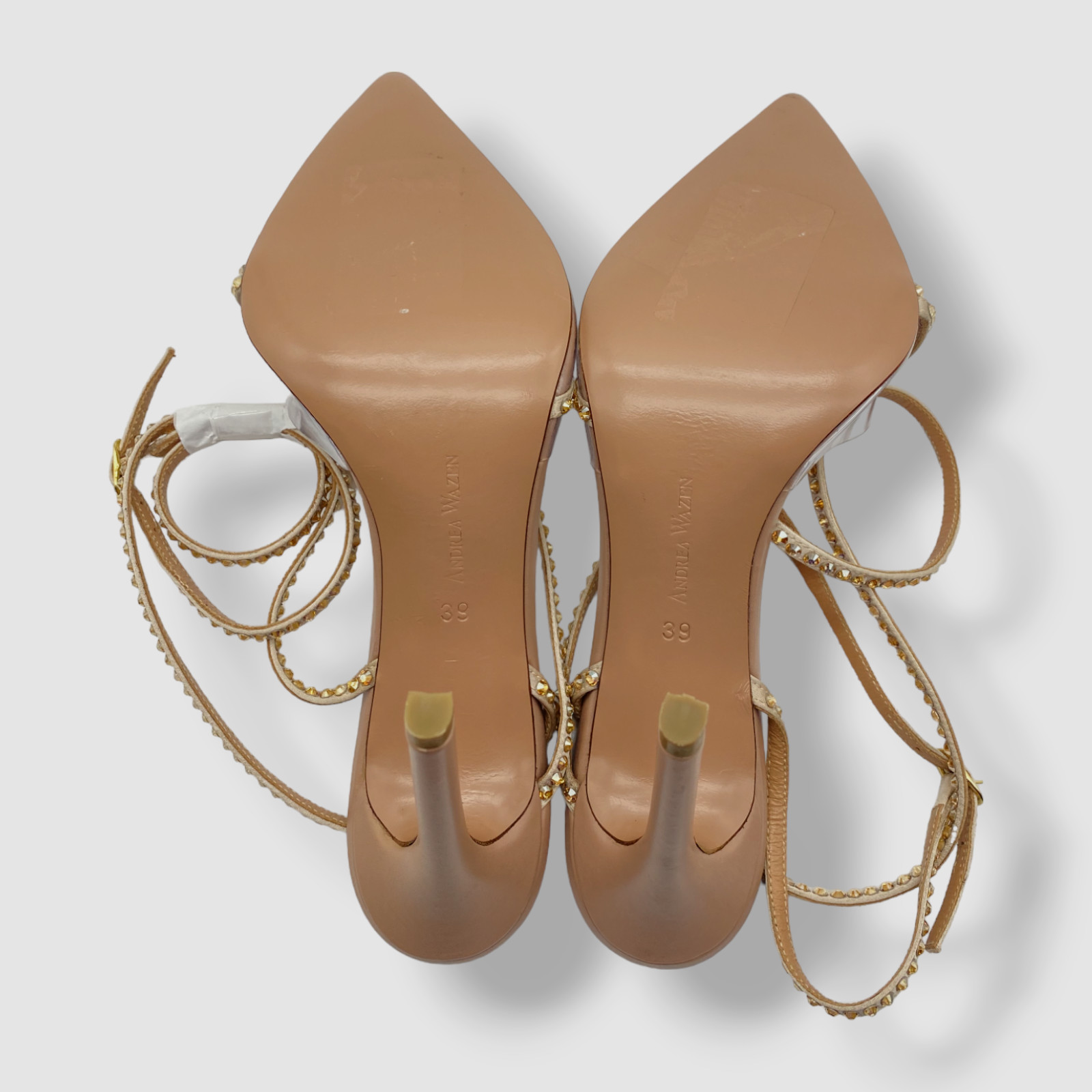 $695 Andrea Wazen Women’s Beige Dassy Sunset PVC Ankle Wrap Pump Heel Shoes 39