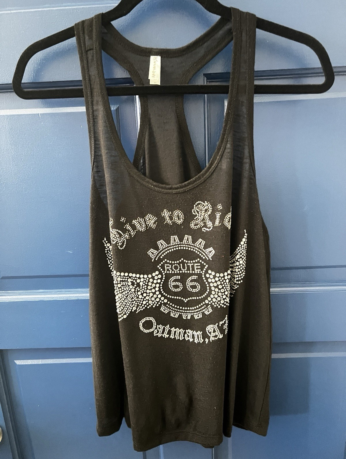 Women’s Black Racerback Tank Top Rhinestone Route 66 Graphic Print Size M