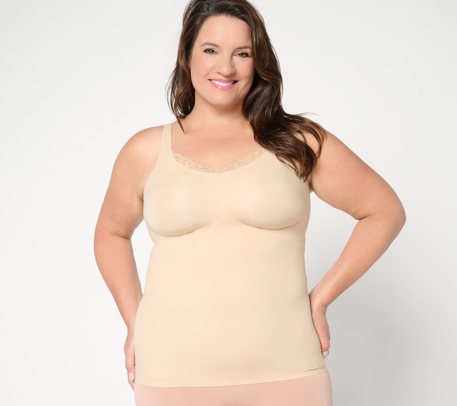 Evelyn & Bobbie Lace Trimmed V-Neck Seamless Bra Cami Sand M New