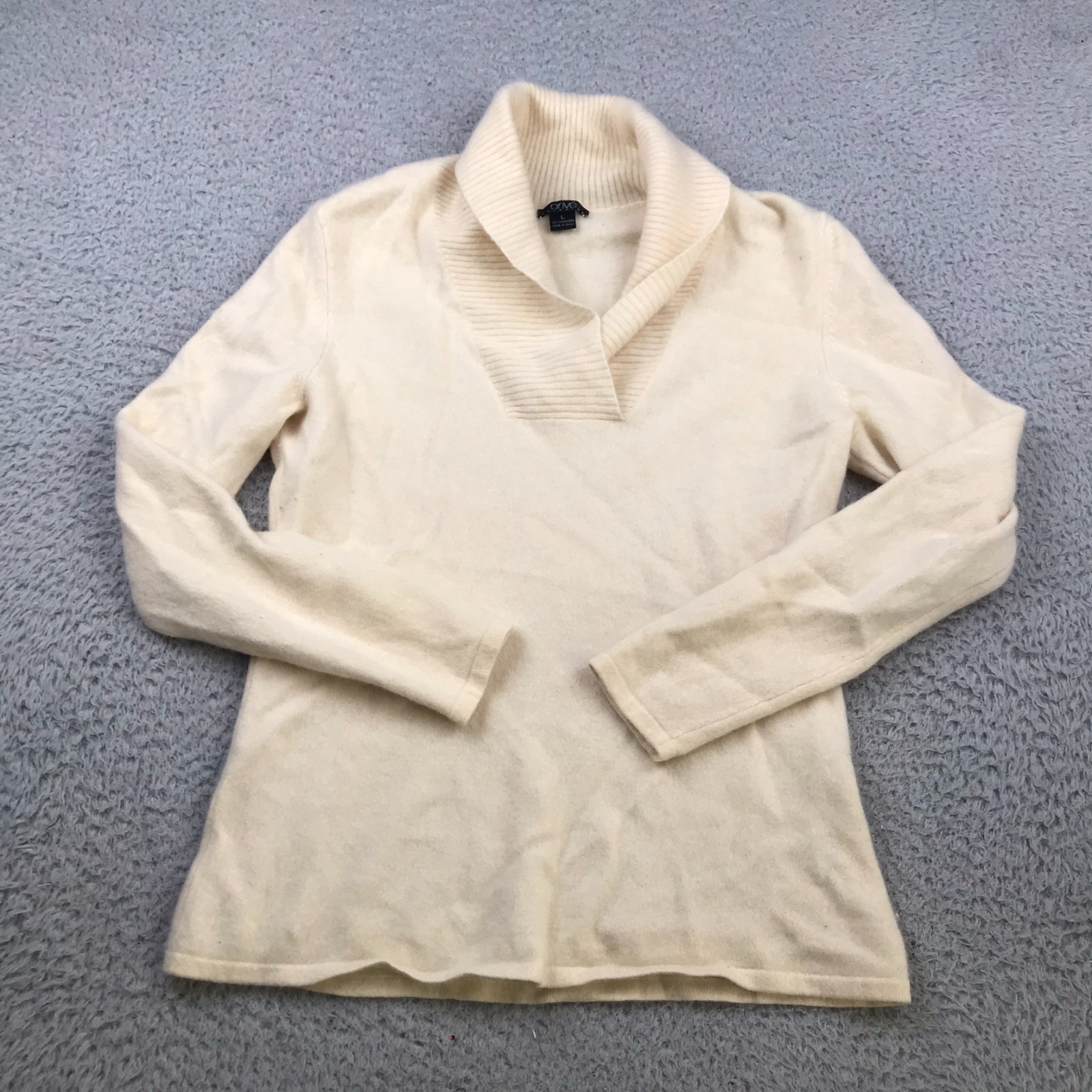 Prive Sweater Womens L Ivory 100% Cashmerer Knit Ribbed Shawl Collar Pullover