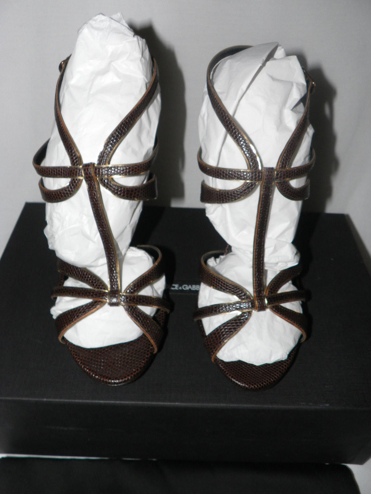 DOLCE & GABBANA LIZARD STRAPPY T-STRAP SLINGBACK STILETTO SANDALS BROWN Sz. 40