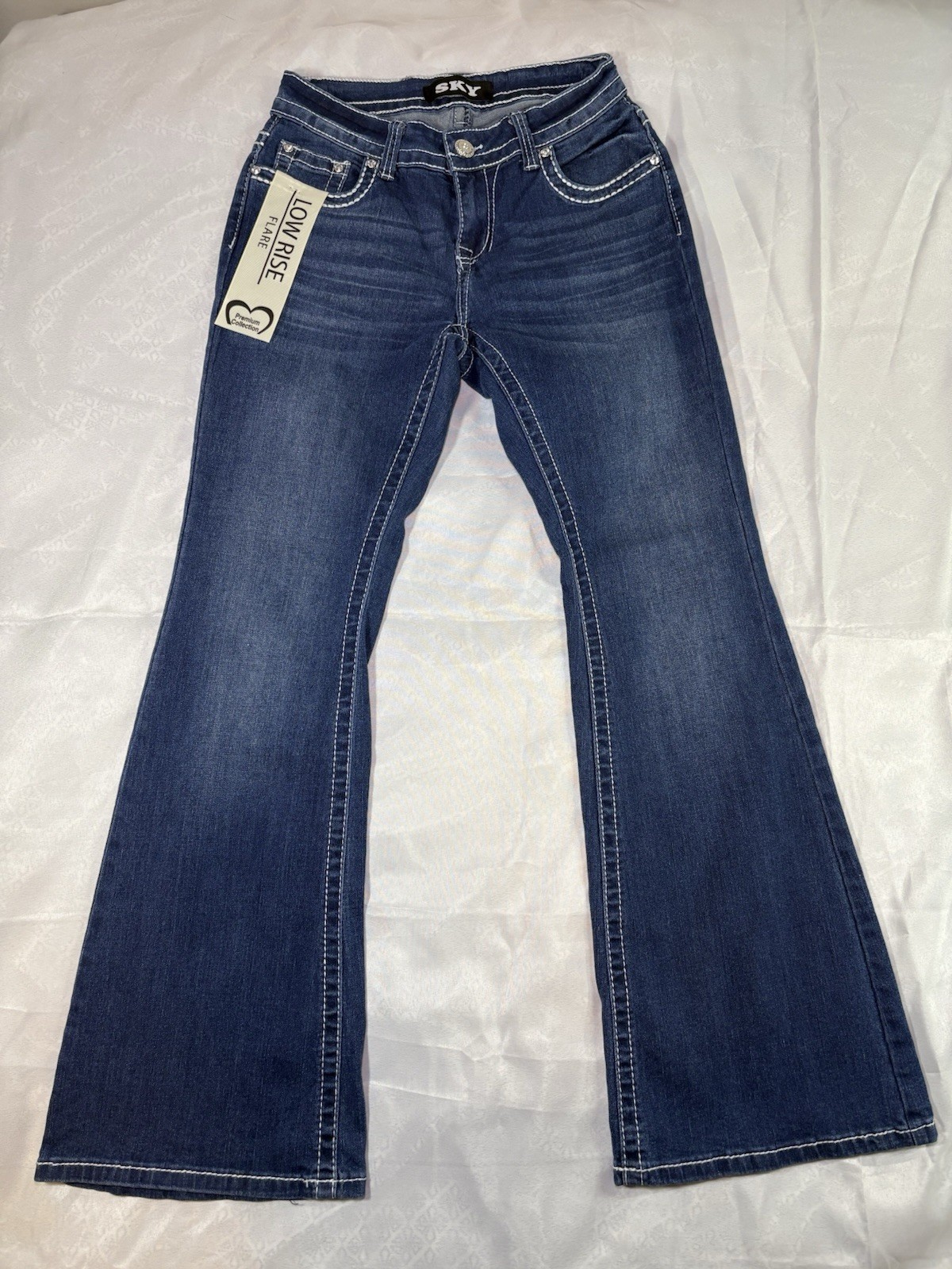 SKY Women’s Low Rise Y2K Flared Jeans 5/6-29in Blue Denim Rhinestone Embroidered