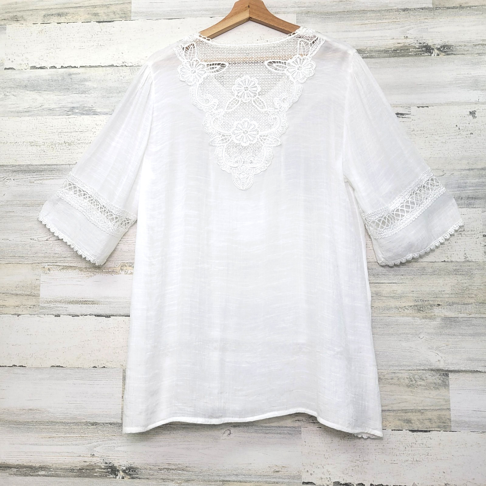 Pretty Angel White Crochet Trim Blouse L Pearl Embellished Scoop Neck Sheer Top
