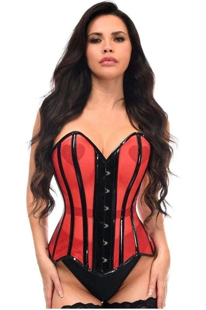 Red Mesh & Black Vinyl Pvc Corset Overbust Steel Boned Goth Vampire Club Pinup