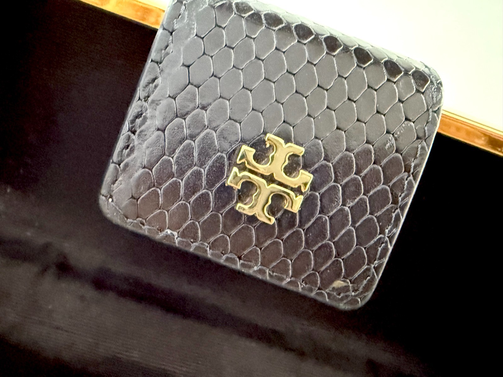 Tory Burch Embossed Black Leather Hard Shell Clutch with Gold Trim and Gold Logo