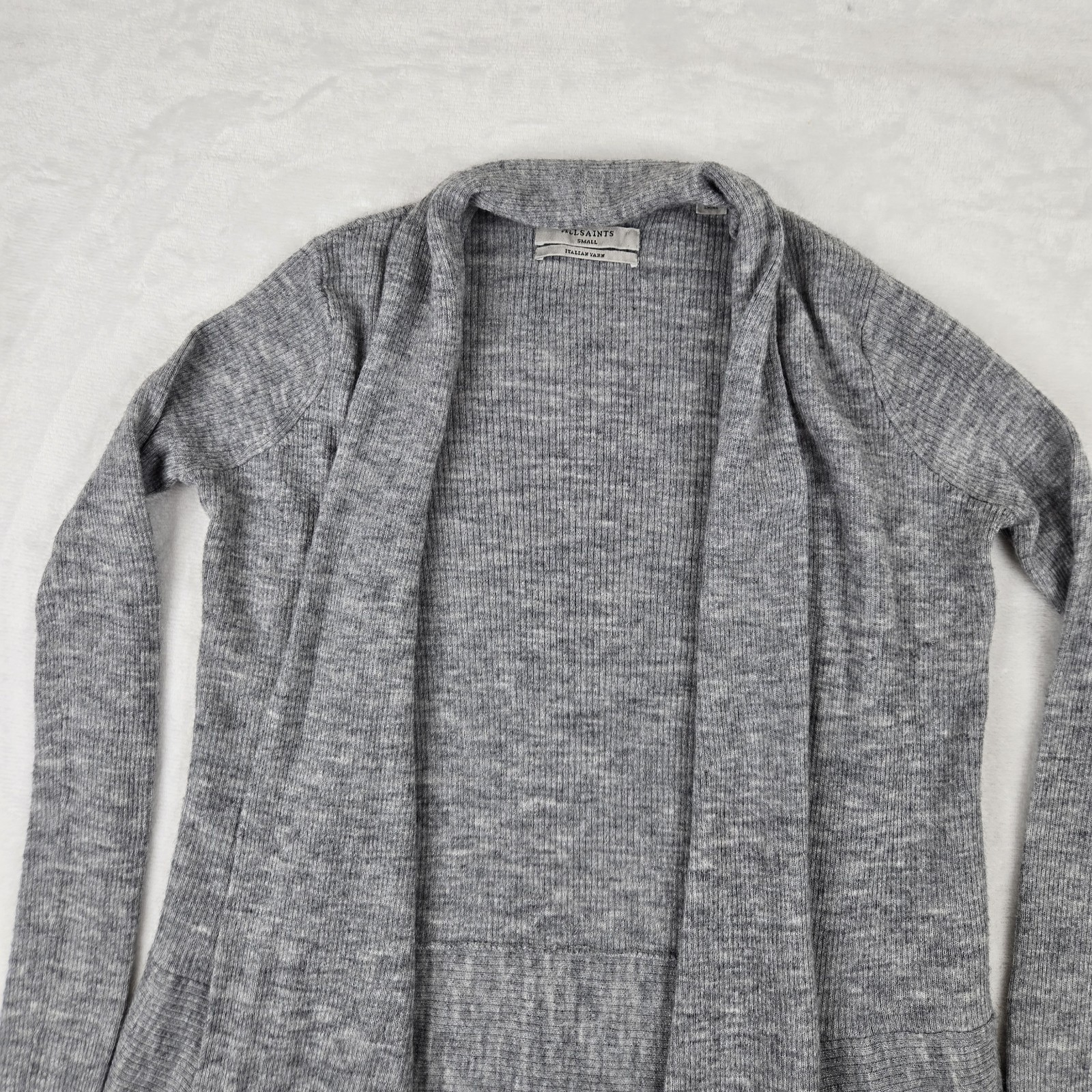 All Saints Gray Keld Olivo Open Front Alpaca Wool Ribbed Cardigan Sweater Size S