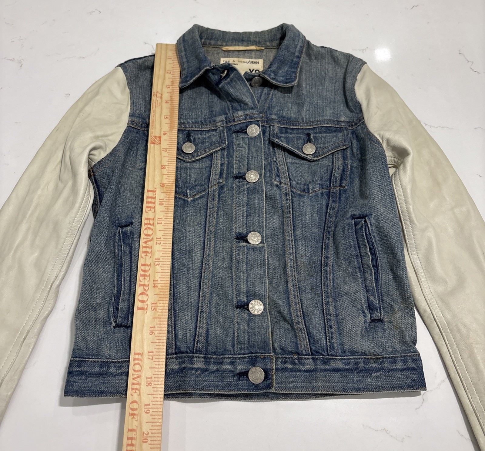 RAG & BONE Women’s Light Blue Denim Jacket With Cream Leather Sleeves Size XS