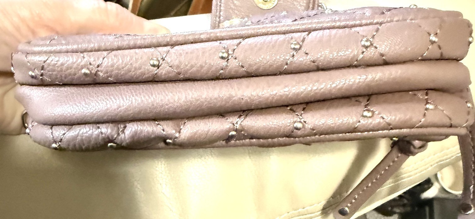 bebe Quilted Studded Crossbody Purse Mauve Taupe Padlock Charm Chain Strap Mini