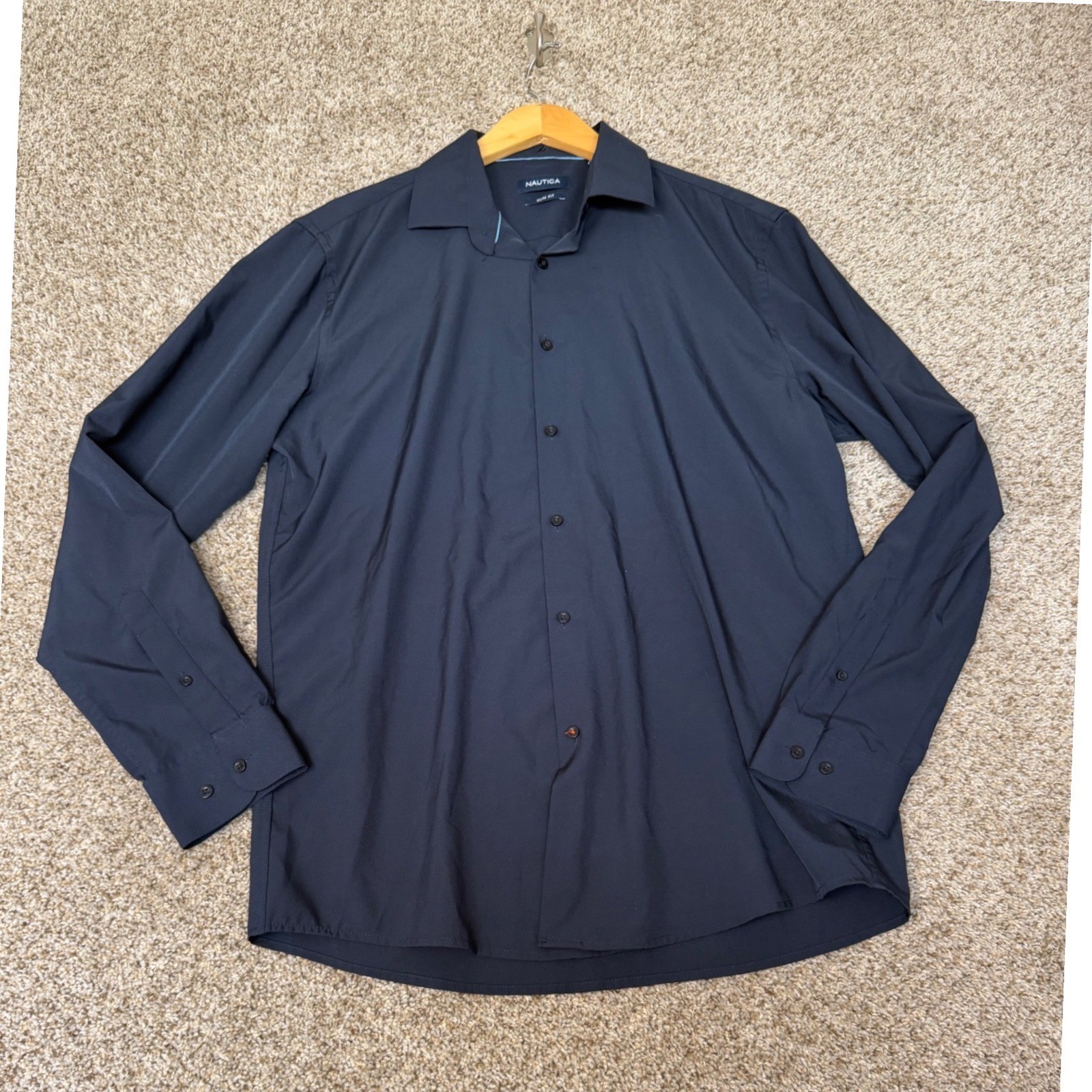 Nautica Mens Slim Fit Button Down Shirt Navy Blue Long Sleeve Stretch XL